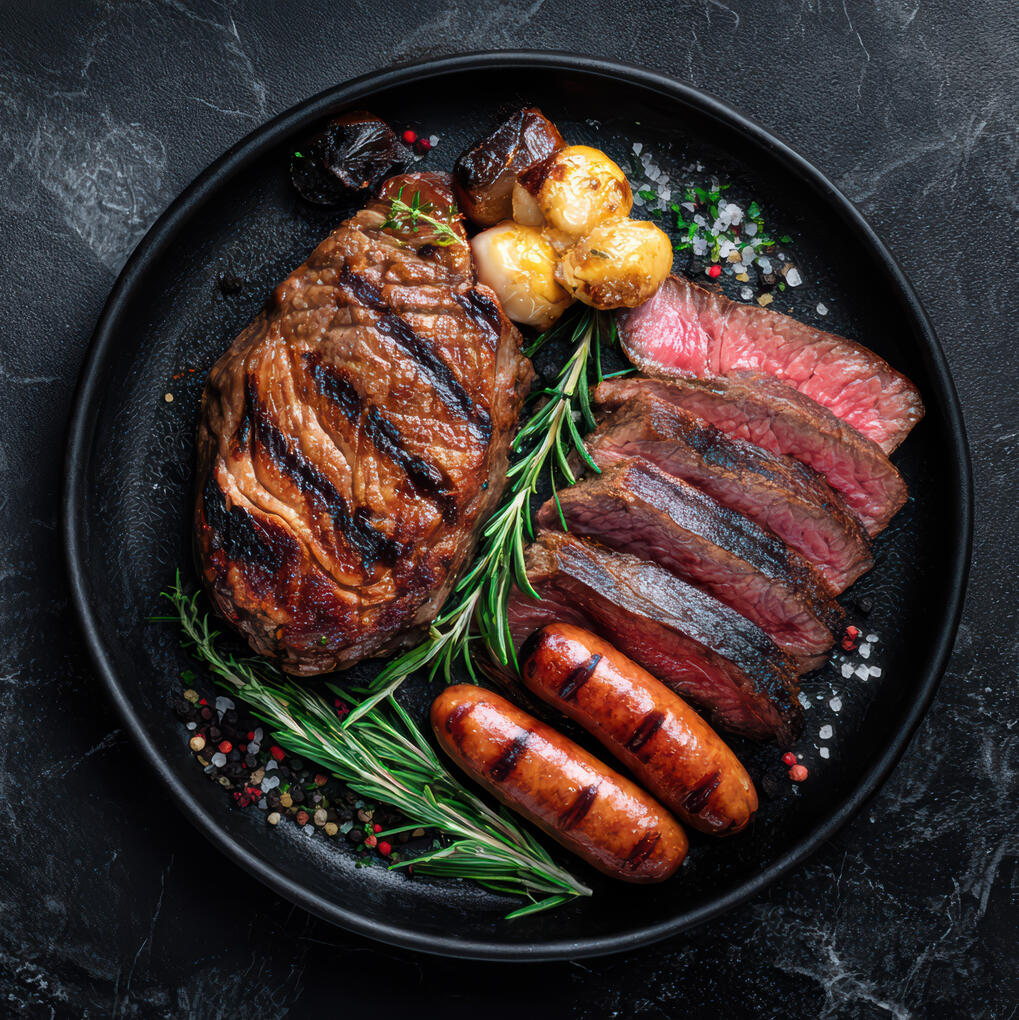 The Butcher Block Sliced roasted Mutton paired with a seared Aldgoat Sausage.